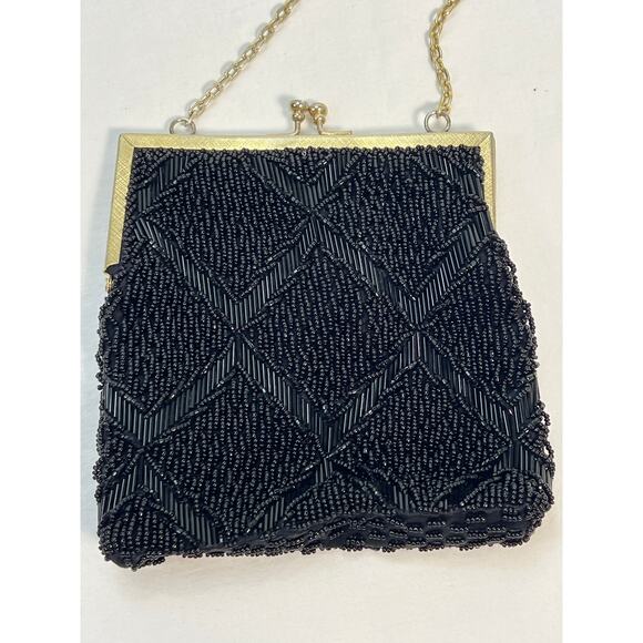 Vintage Beaded Purse Black Geometric Chain Strap Hand Made Hong Kong - Picture 1 of 9